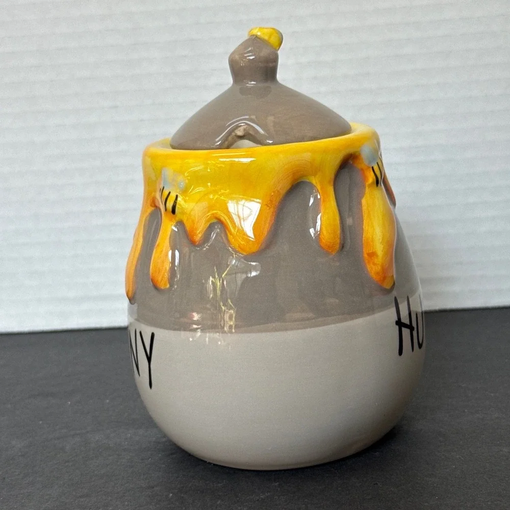 Disney Winnie the Pooh Hunny Pot Ceramic Honey Jar with Lid Bumblebee Grey